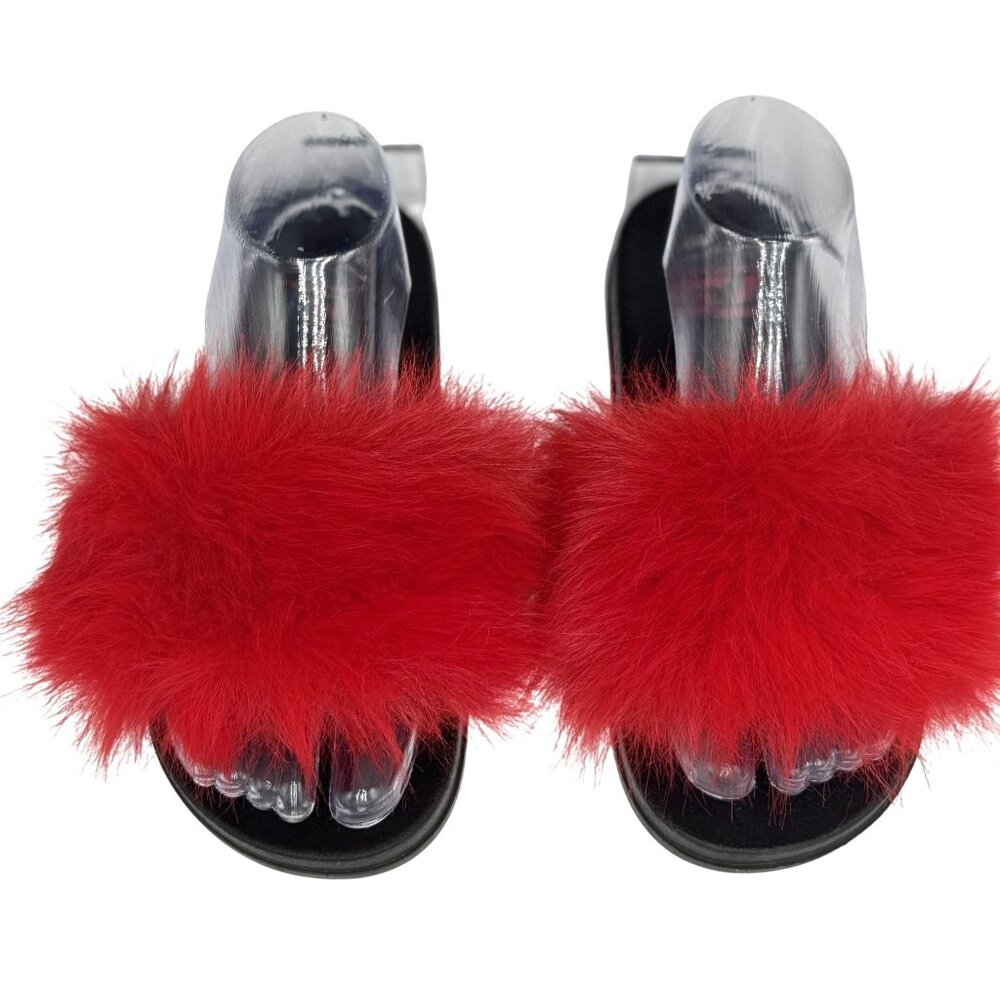 T.S. Womens Slides Size 8/38-39 Red Fluffy Faux Fur Rubber Sandals
